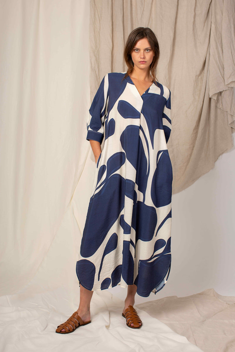 BI-COLOR NAVY PRINT MAXI DRESS YOLIJN