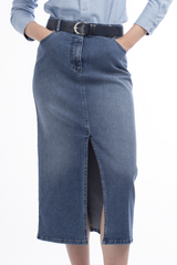 BLUE DENIM FRONT SPLIT SKIRT MERYN