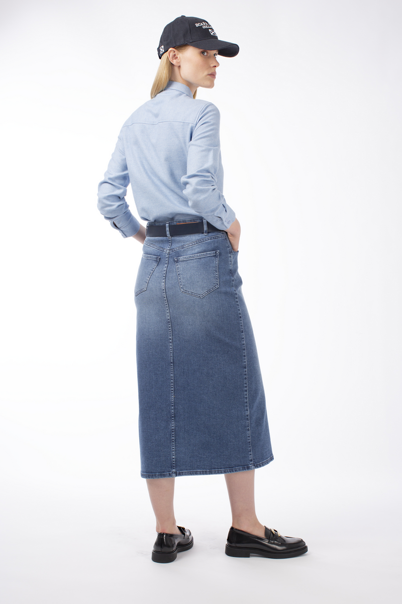 BLUE DENIM FRONT SPLIT SKIRT MERYN